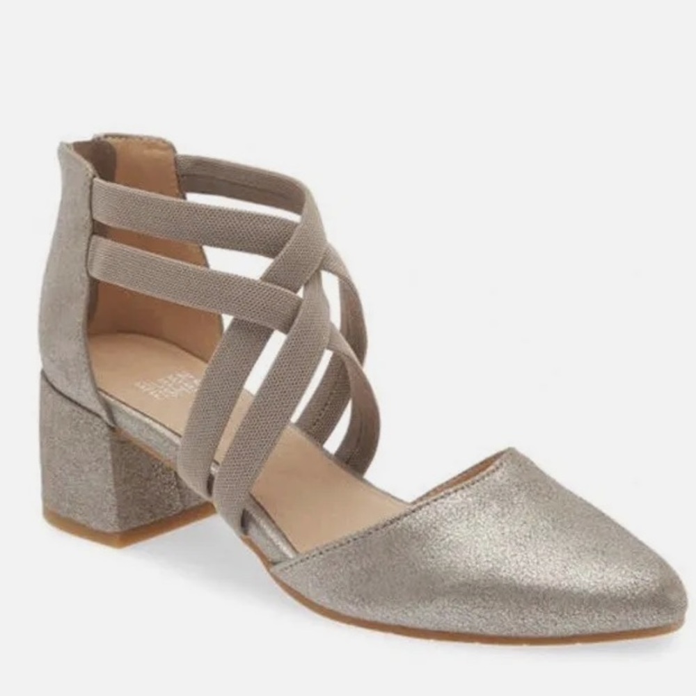 EILEEN FISHER Juku Mica Silver Leather Strappy Block Heel Pump